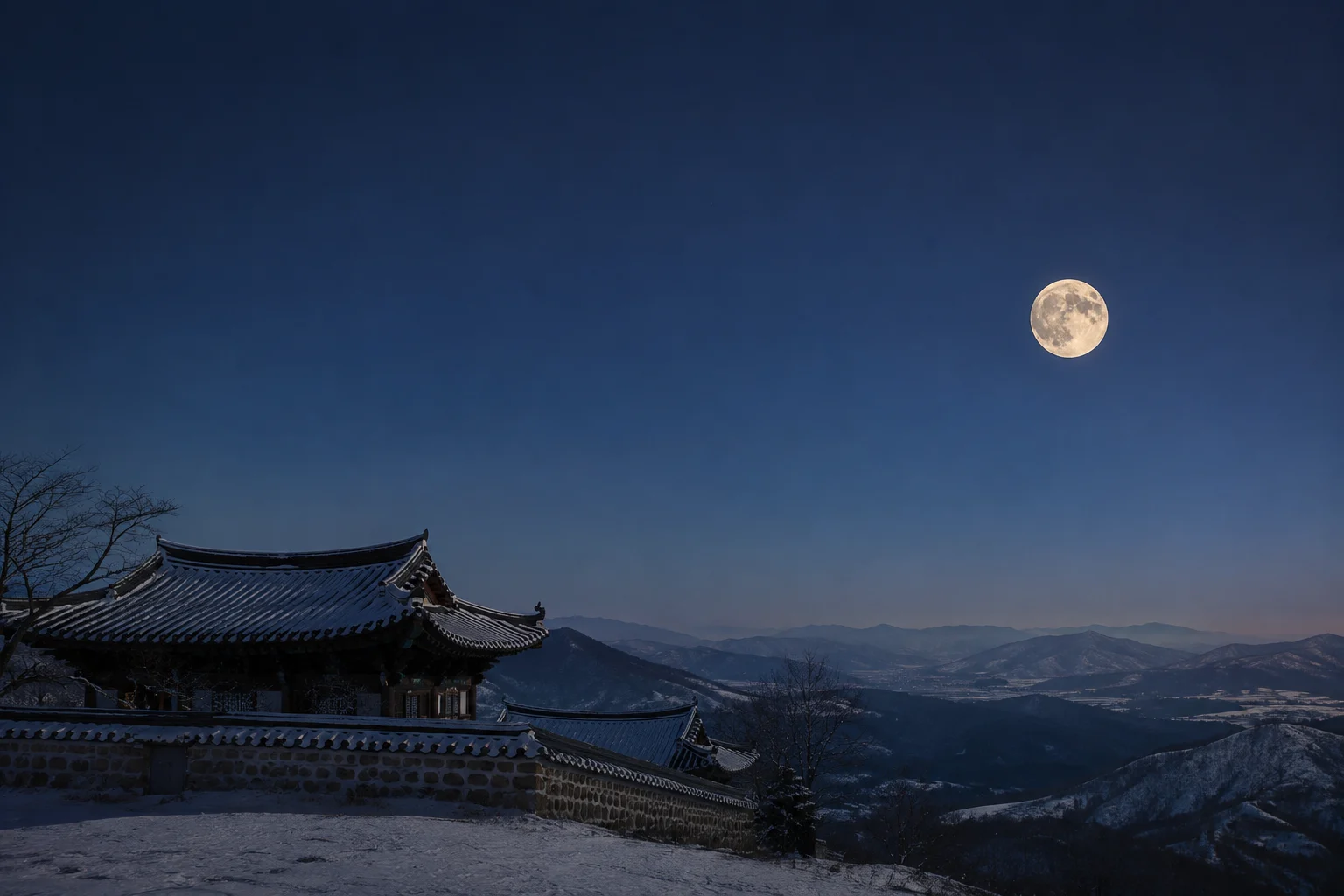 2033년 1월 보름달 안내용 AI 생성 풍경. 실제 관측 사진 아님.