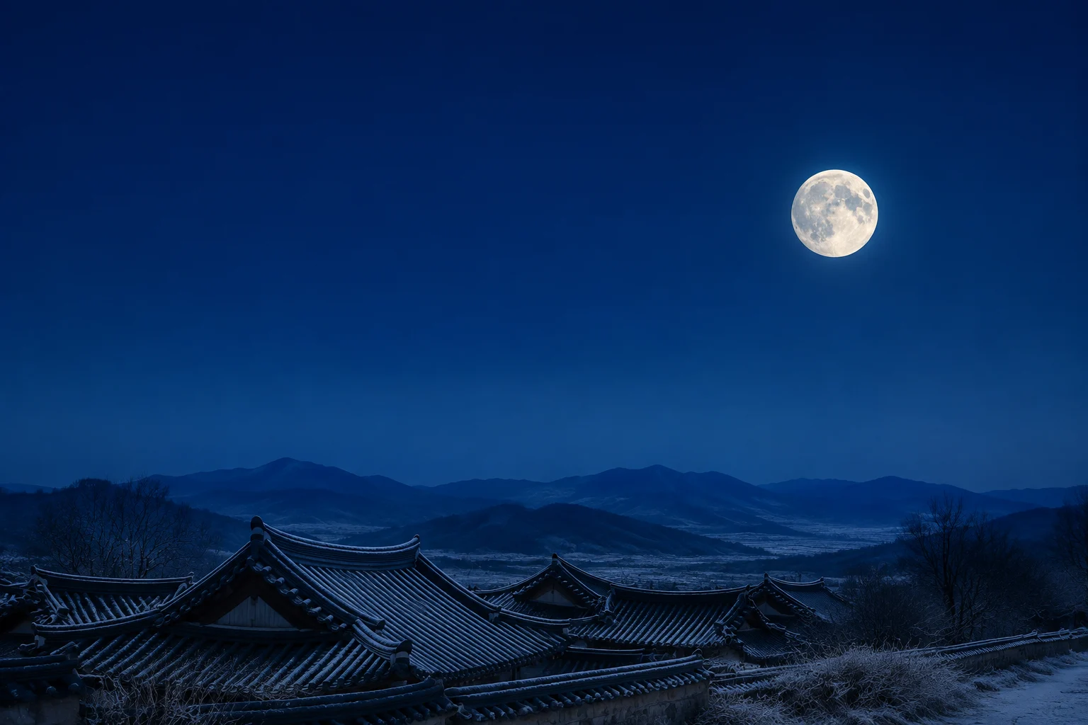 2045년 1월 보름달 안내용 AI 생성 풍경. 실제 관측 사진 아님.