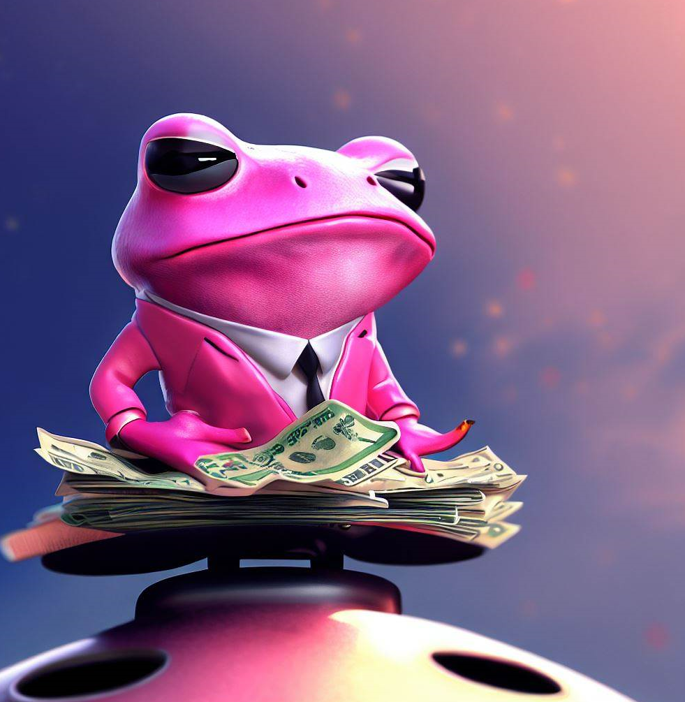 우주선위에 돈을 입고 있는 분홍색 개구리 ai 일러스트