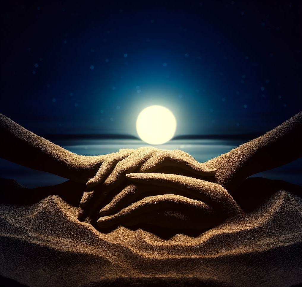 Sand art, two hands holding each other under the moonlight