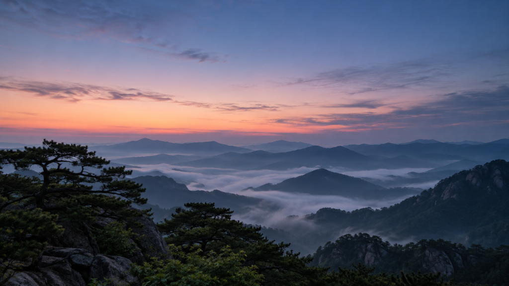 동트기 직전 동쪽 하늘의 분홍빛 여명과 산 능선, 안개 낀 계곡 및 소나무 실루엣을 표현한 AI 생성 이미지